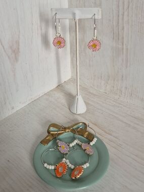 Pink and Orange And Purple Daisy Hoop Earrings Set Of 3